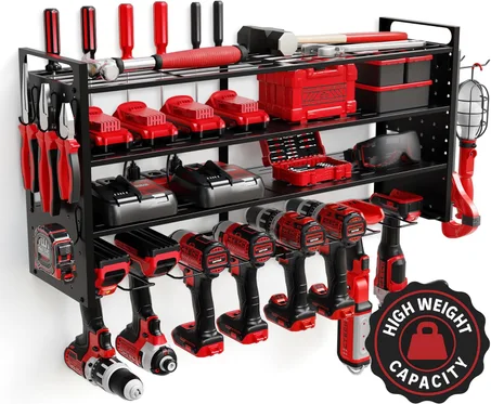 Organizador de herramientas eléctricas para montaje en pared, estante de almacenamiento de herramientas eléctricas con 3 estantes, 8 soportes para taladros, soporte para brocas, carga de 300 