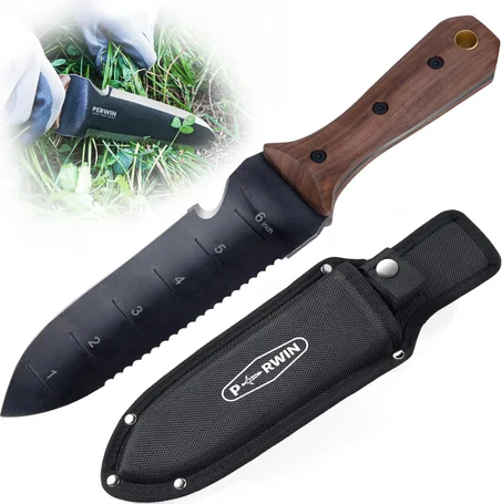 Hori Hori - Cuchillo de jardín, herramientas de jardín con funda para desmalezar, plantar, excavar, hoja de acero inoxidable de 7 pulgadas con borde de corte, mango de madera de espiga comple