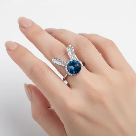 bague lapin bleu nuit -argent