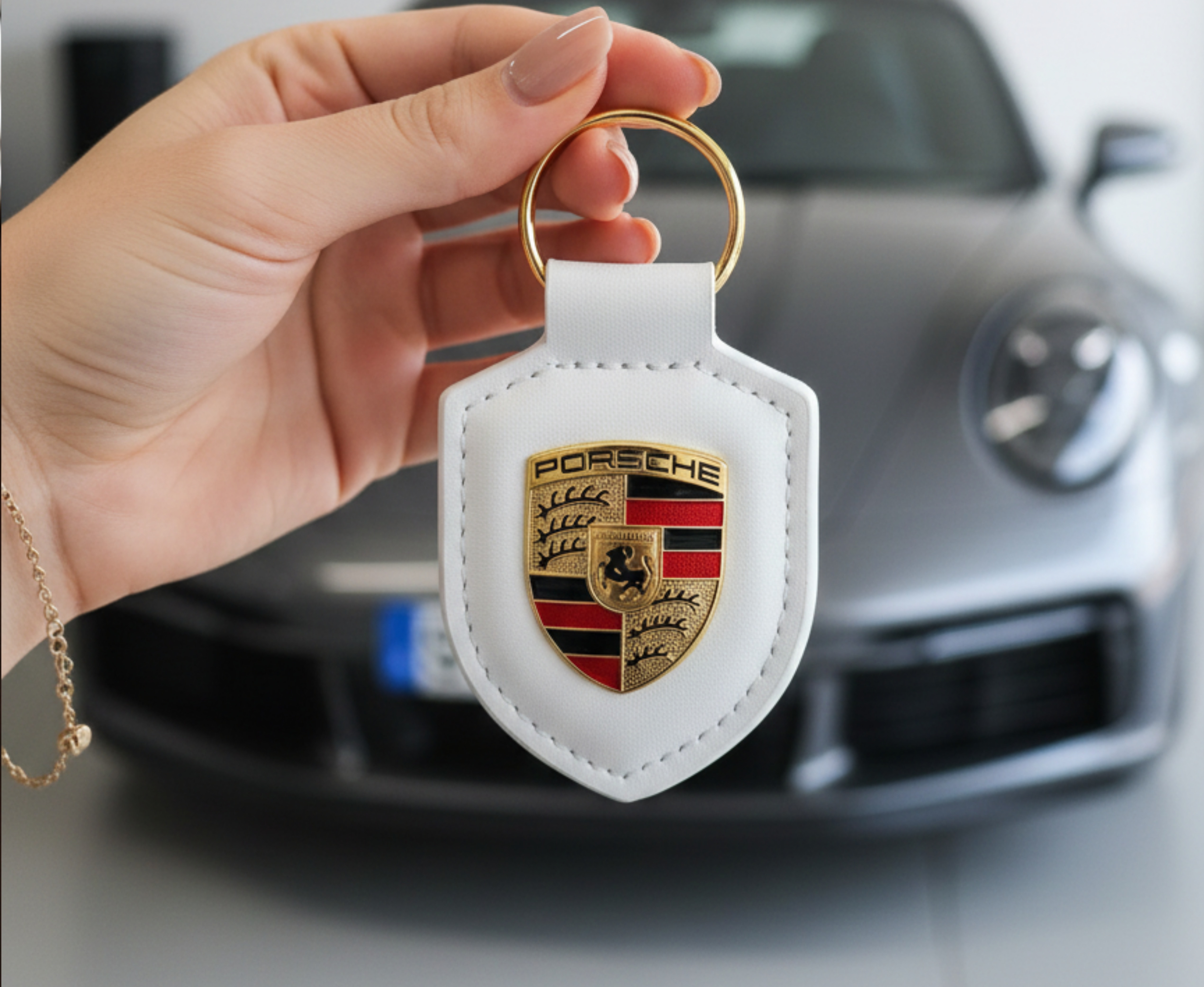 Porte-clés Porsche Blanc authentique en cuir véritable avec écusson