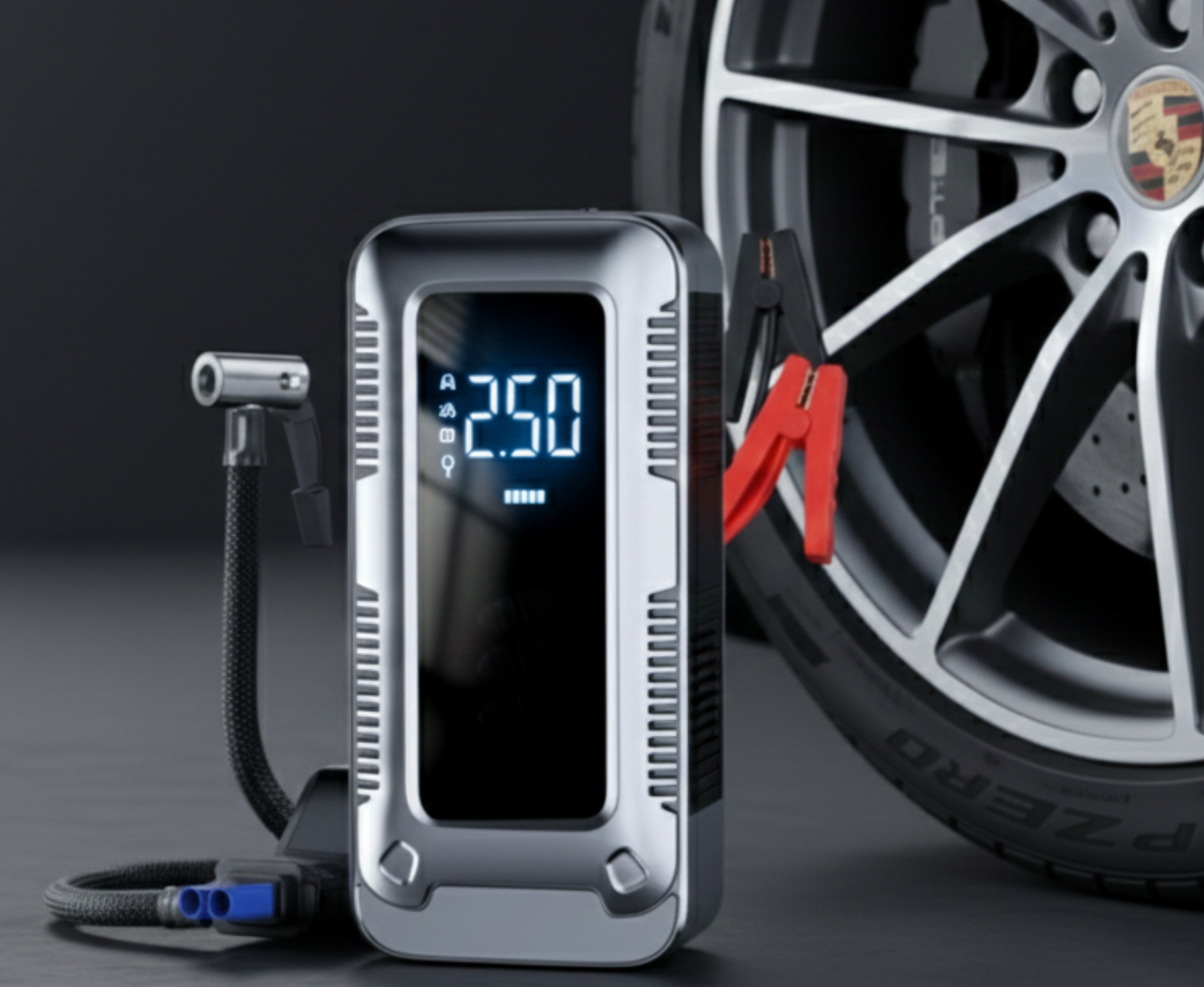 Démarreur de Voiture Portable 4-en-1 Puissant – Compresseur d'Air, Power Bank, LED