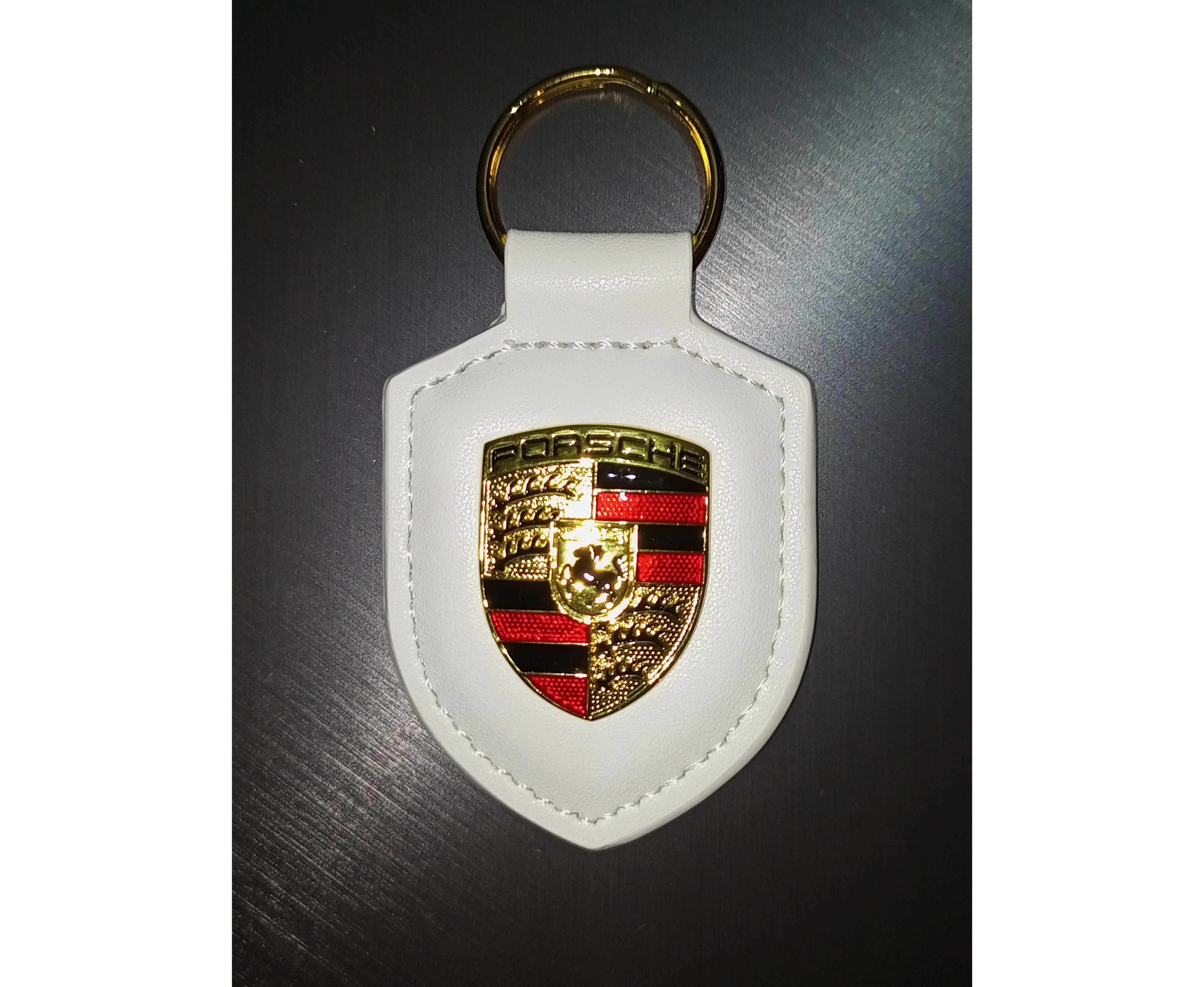 Porte-clés Porsche Blanc authentique en cuir véritable avec écusson