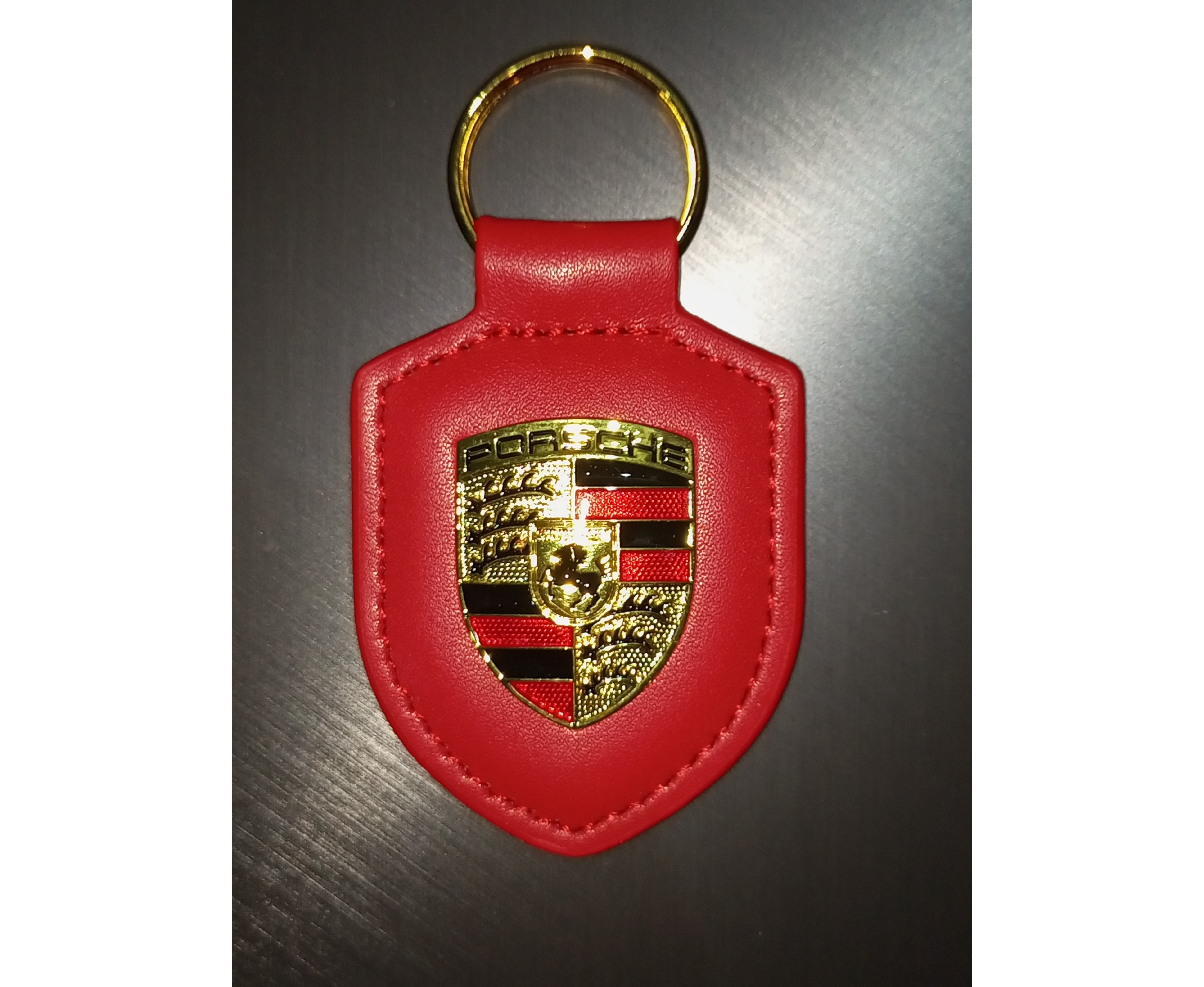 Porte-clés Porsche Rouge authentique en cuir véritable avec écusson