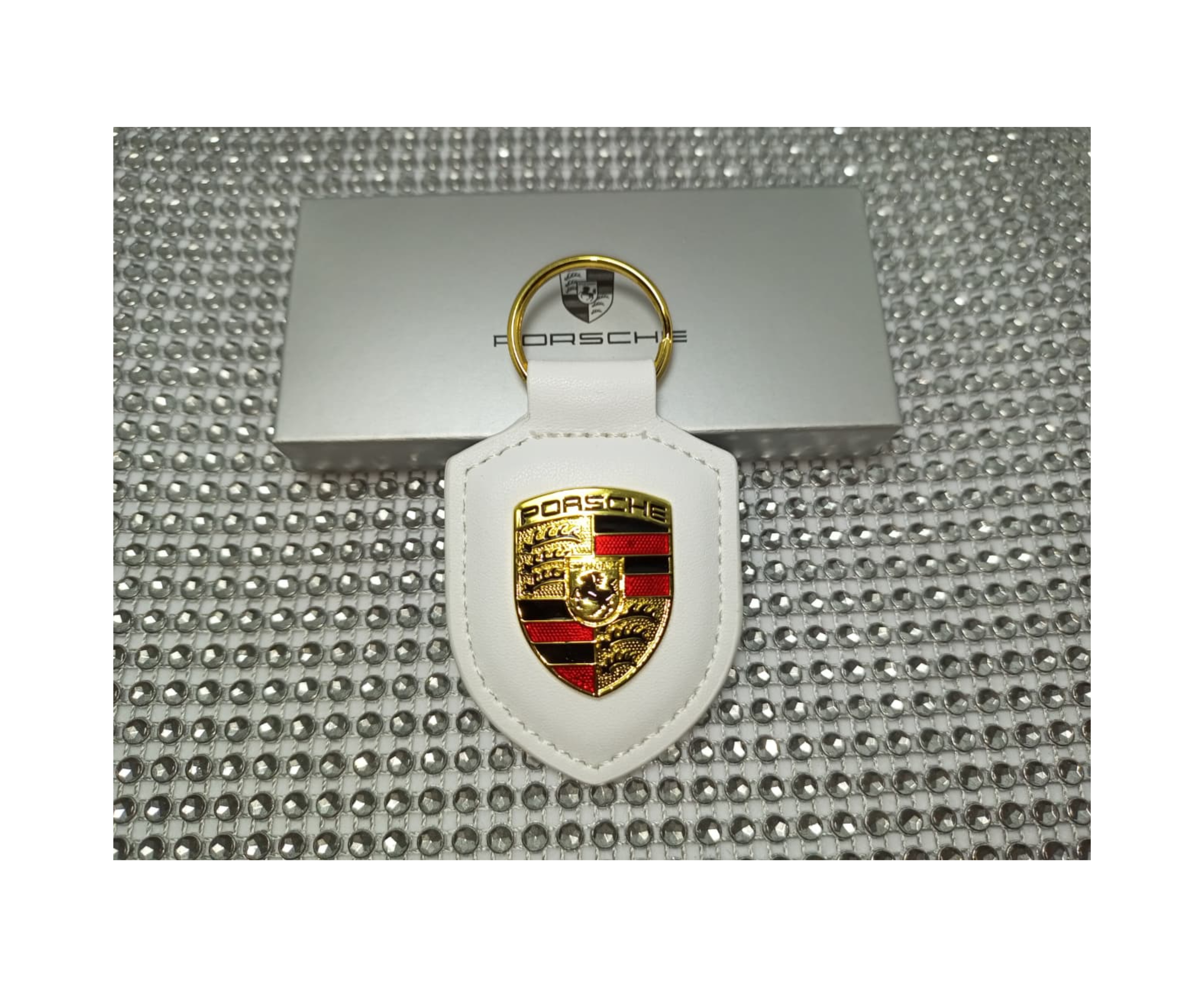Porte-clés Porsche Blanc authentique en cuir véritable avec écusson