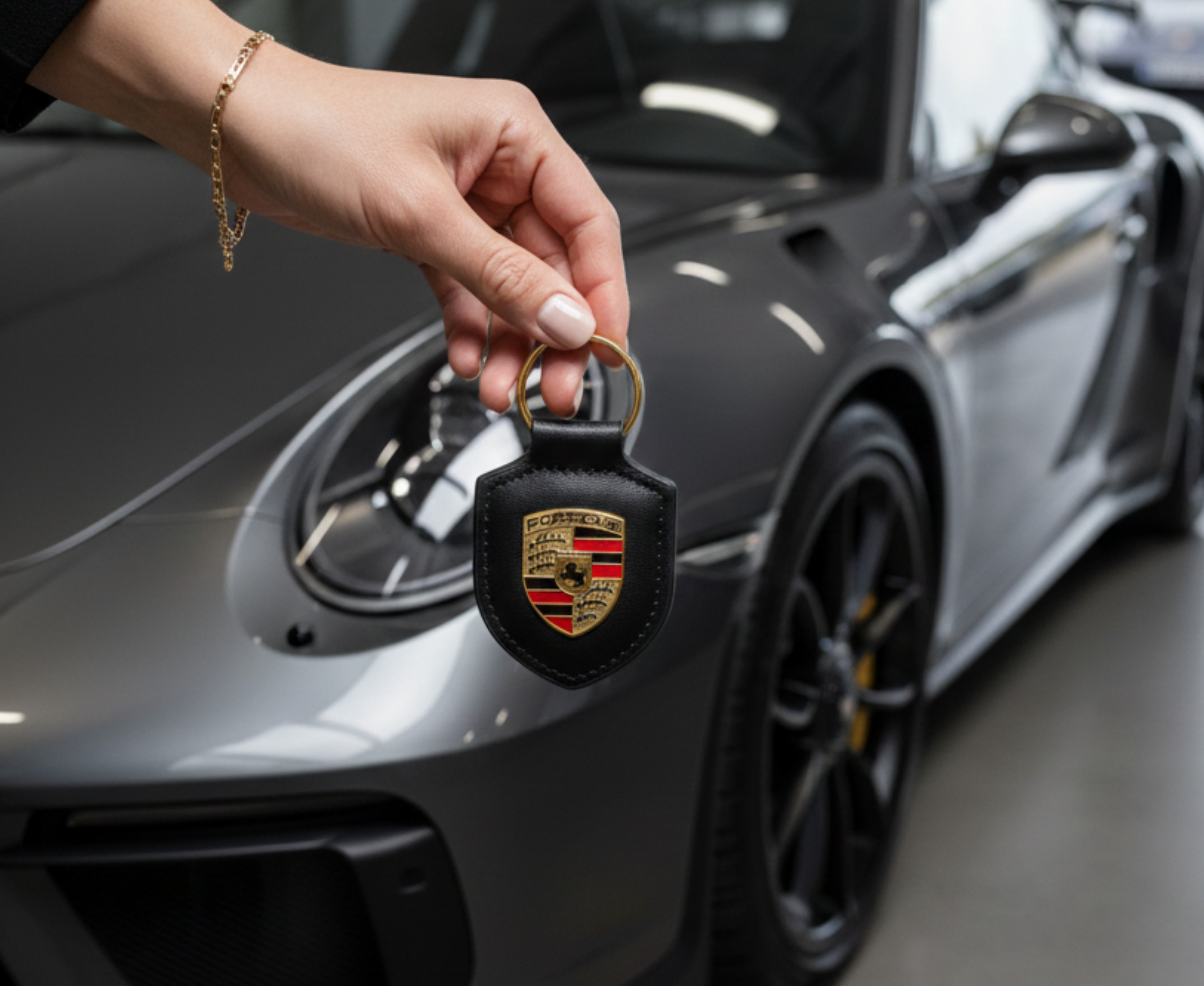 Porte-clés Porsche Noir authentique en cuir véritable avec écusson