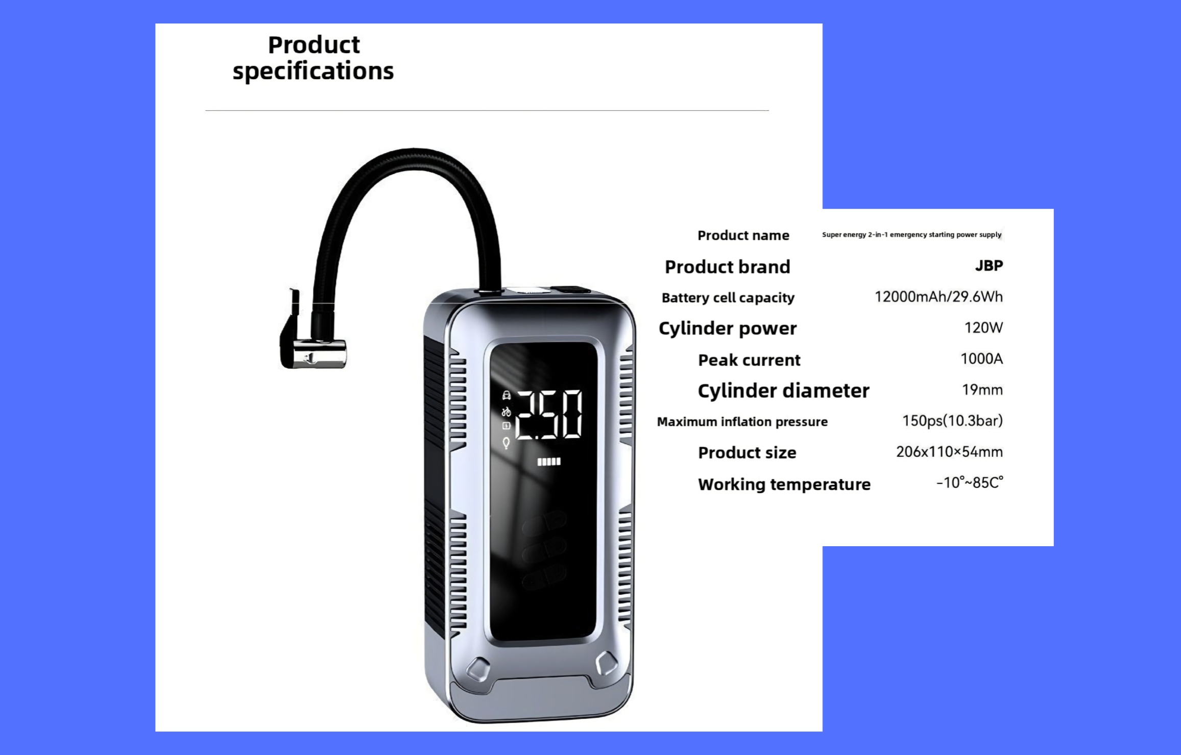 Démarreur de Voiture Portable 4-en-1 Puissant – Compresseur d'Air, Power Bank, LED