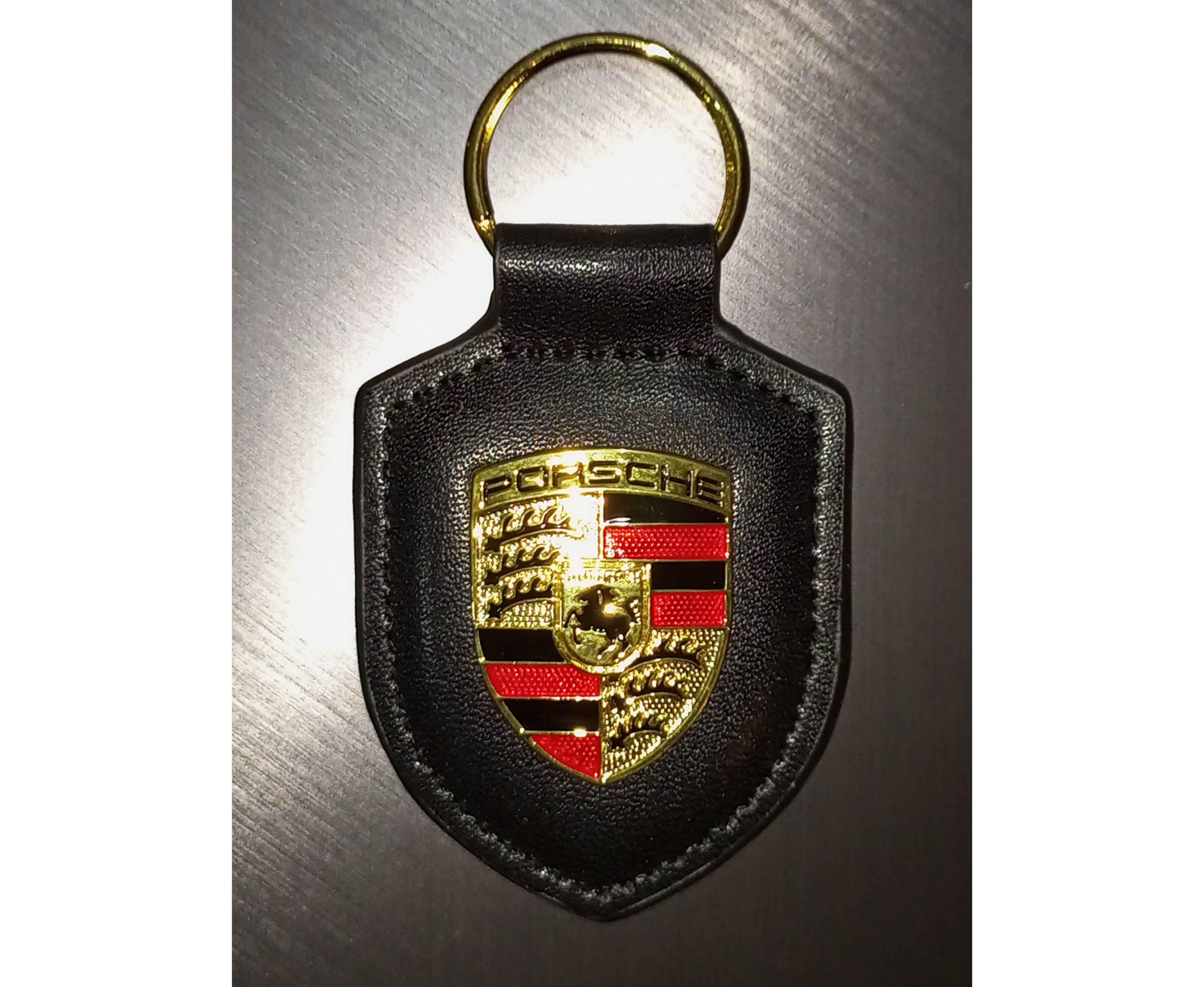 Porte-clés Porsche Noir authentique en cuir véritable avec écusson
