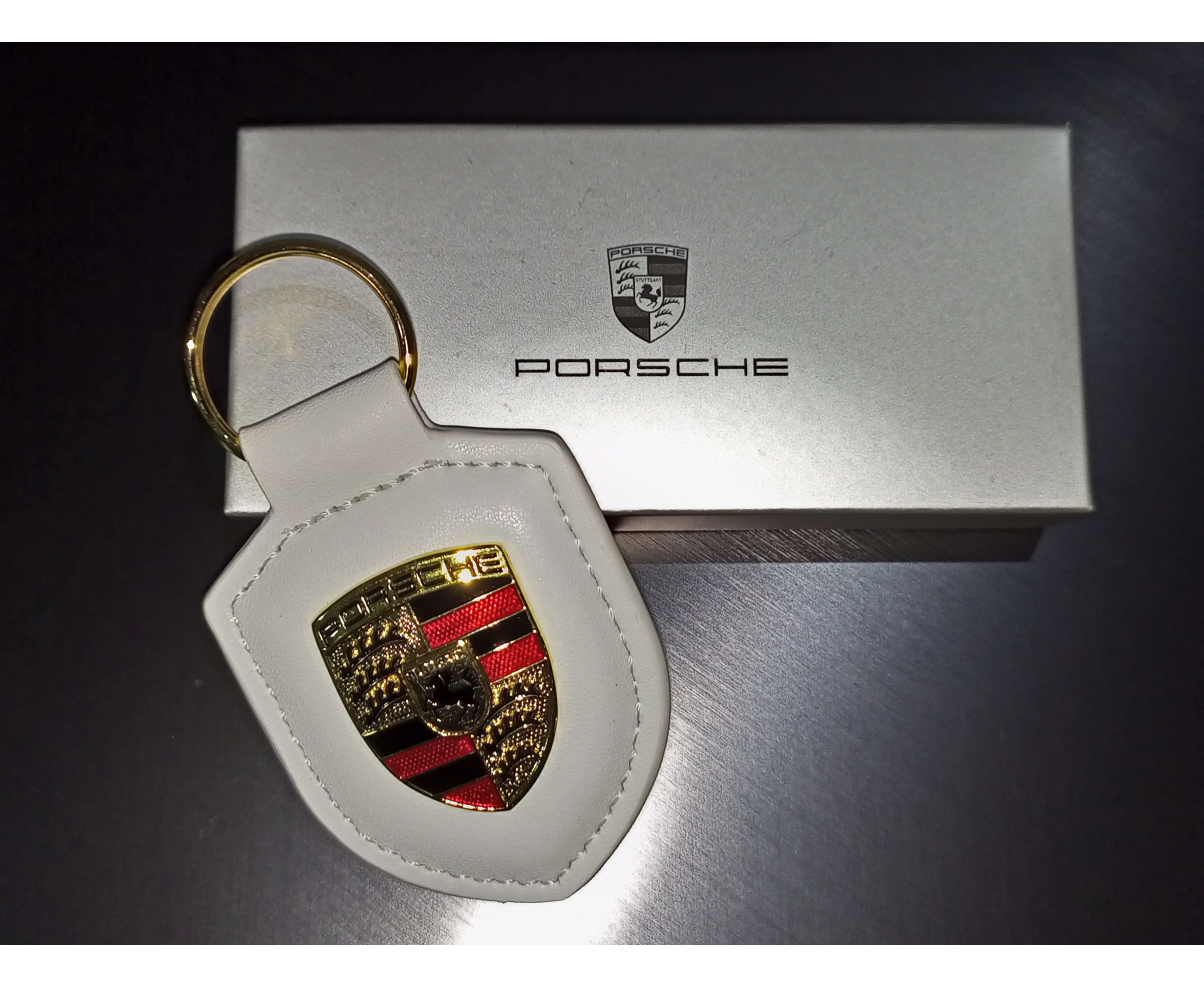 Porte-clés Porsche Blanc authentique en cuir véritable avec écusson