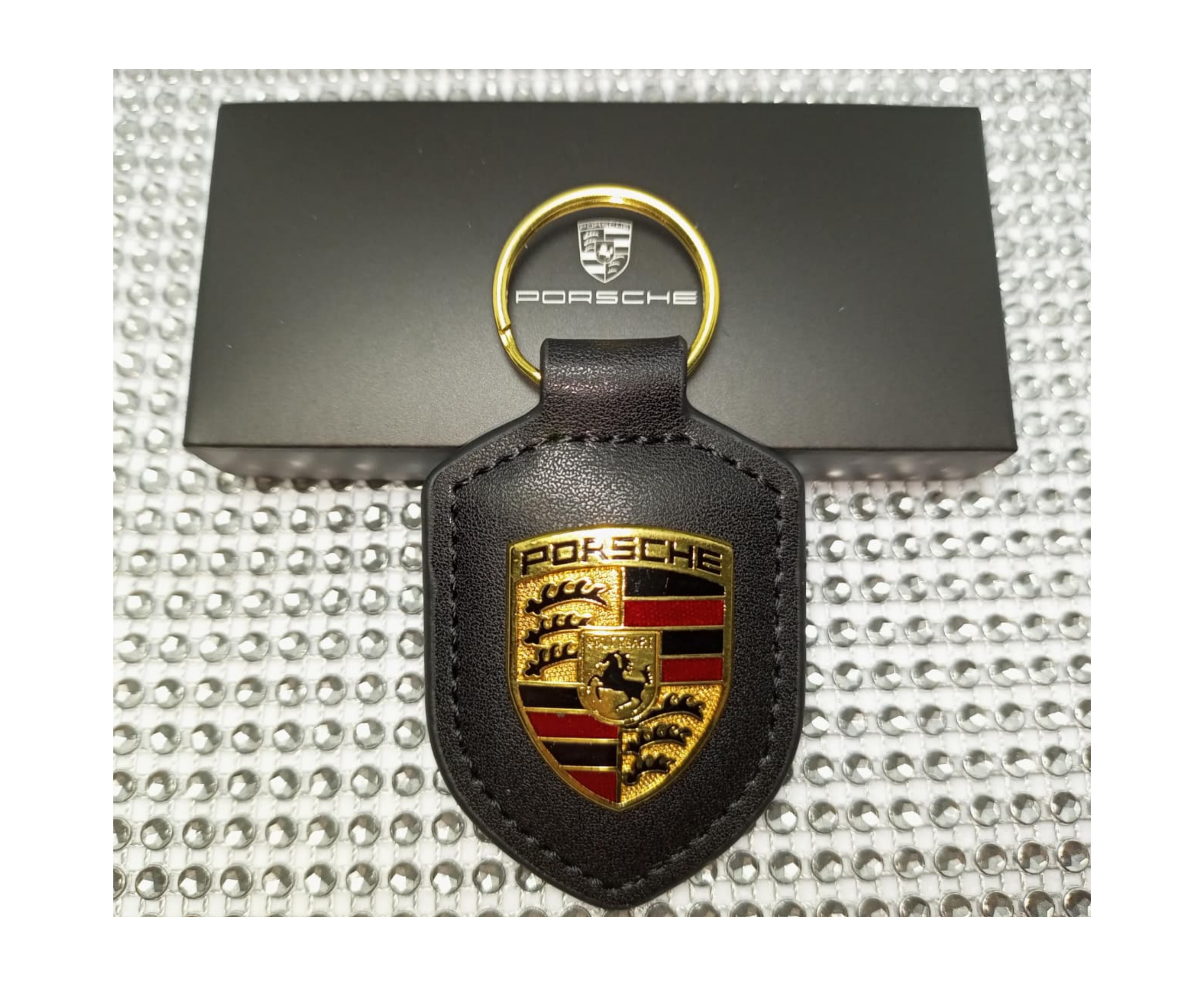Porte-clés Porsche Noir authentique en cuir véritable avec écusson