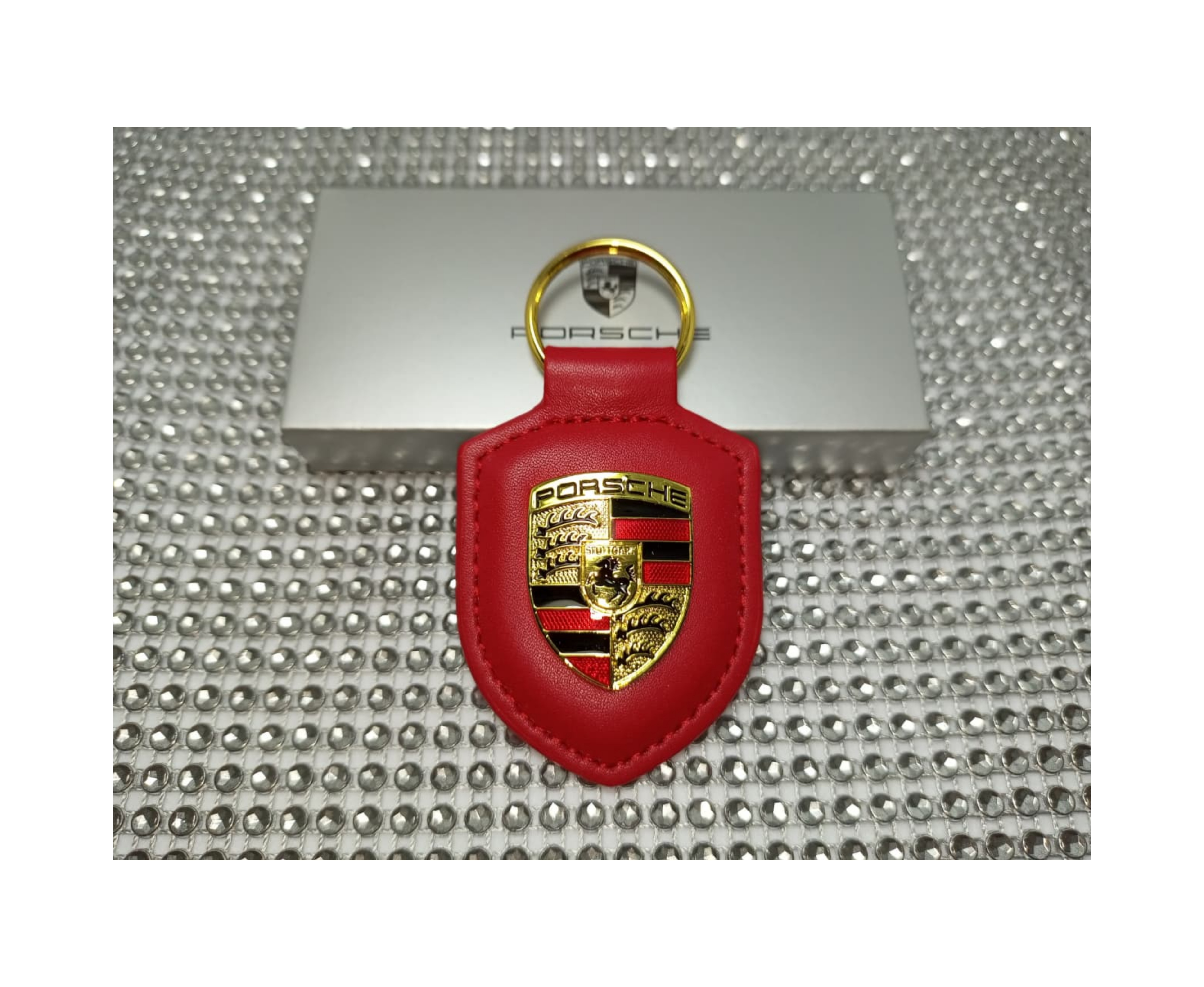 Porte-clés Porsche Rouge authentique en cuir véritable avec écusson
