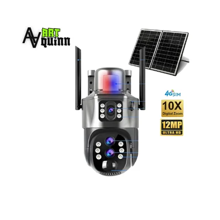 كاميرا مراقبة  بالطاقة الشمسية بتقنية الجيل الرابع بدقة 12 ميجابكسل مع شريحة اتصال 4G , عدسة ثلاثية، تقريب بصري 10x