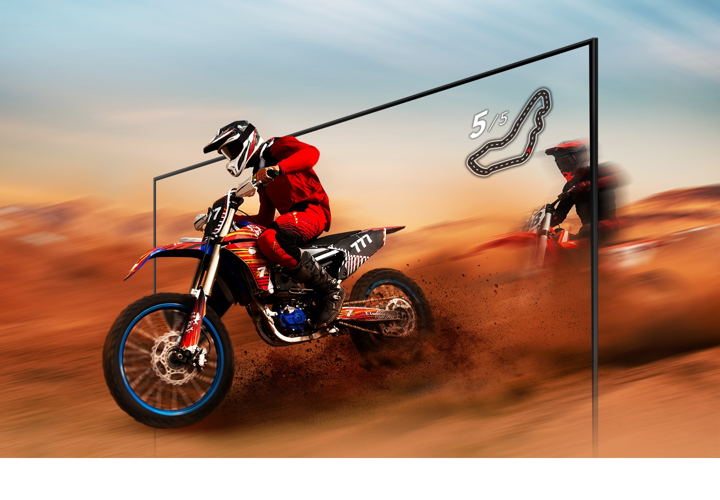 Un coureur de moto tout-terrain apparaît clair et visible à l'intérieur de l'écran du téléviseur UHD grâce à la technologie d'accélération de mouvement du téléviseur UHD.