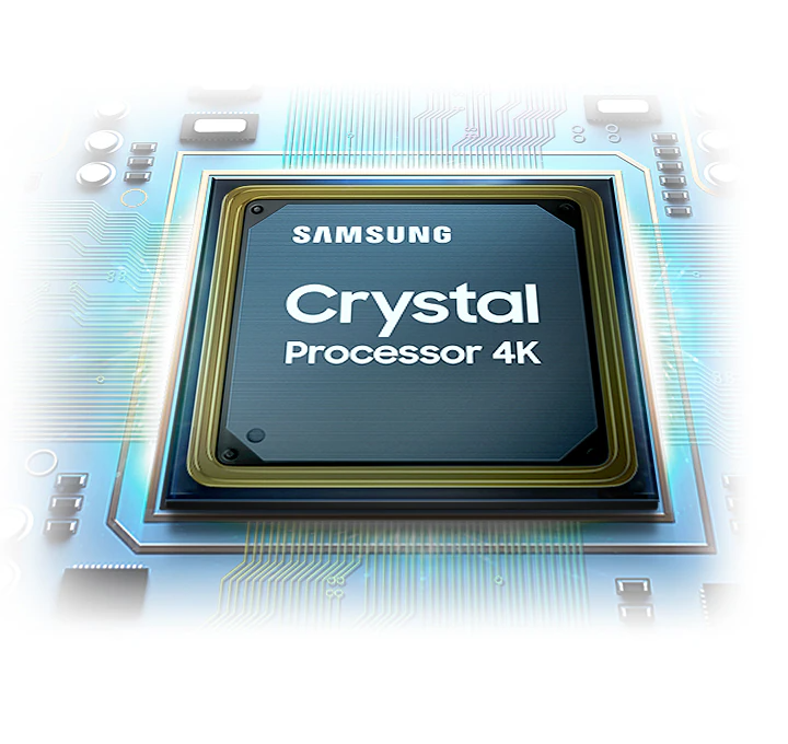 Le processeur Crystal est présenté. Les logos Samsung et Crystal Processor 4K sont visibles sur le dessus.