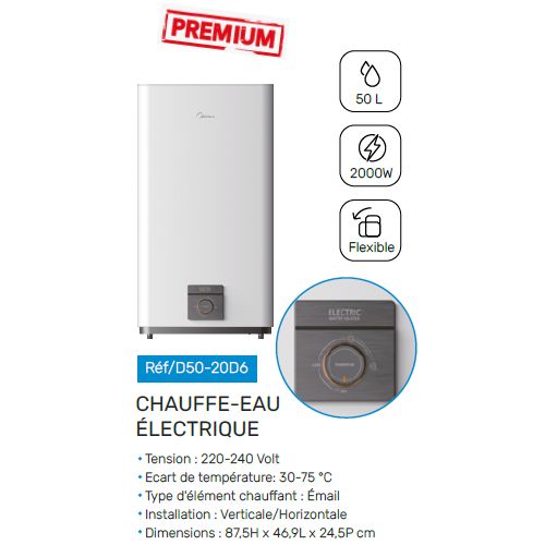 Midea Chauffe Eau Électrique Slim 50 l Design Élégant Vertical Ou Horizontal