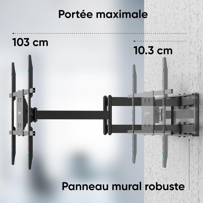 Support Tv Mural Pivotant Rotatif grand bras de 100 cm de 50