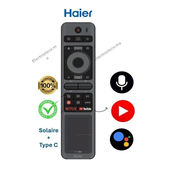 T&eacute;l&eacute;commande Solaire Haier Smart TV - Vocale, USB Type-C & Originale Maroc – photo 1