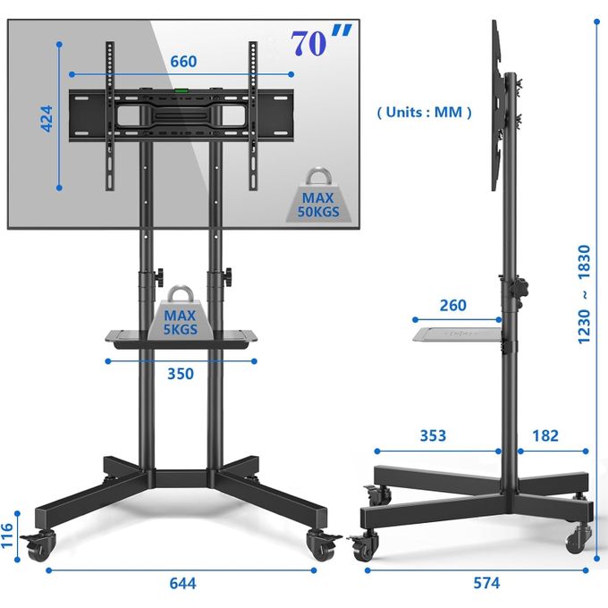 Support TV sur Pied Roulant de 32" à 70" mobile adaptable haute qualité