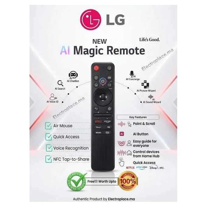 Télécommande LG AI Magic Remote 2024/2025/2026 Originale (MR24GA / MR25GA) – Prix Maroc | Electroplace.ma