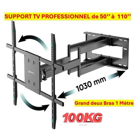 Support Tv Mural Pivotant Rotatif grand bras de 100 cm de 50'' jusqu'à 110'' qualité supérieure