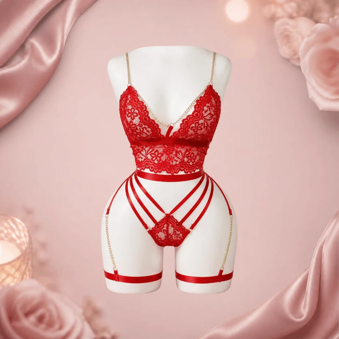 Ensemble Dentelle Rouge à Bretelles & Chaînes