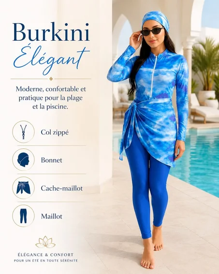 🩵 بوركيني أنيق 4 قطع – أزرق سماوي | أناقة وراحة في البحر  REF 380 AZOME Burkini Élégante