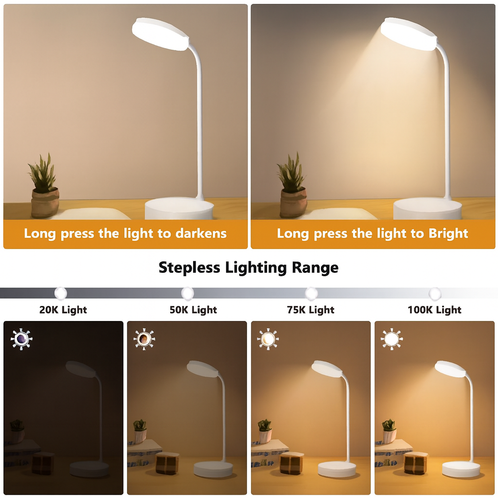 Portable LED Desk Lamp – USB Plug-in, Rechargeable, 3 Color Modes
