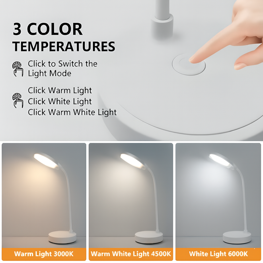 Portable LED Desk Lamp – USB Plug-in, Rechargeable, 3 Color Modes