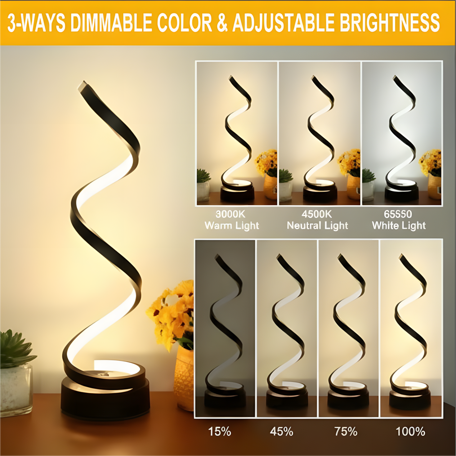 LED Spiral Table Lamp – Dimmable Brightness  Modern Bedside & Office Light