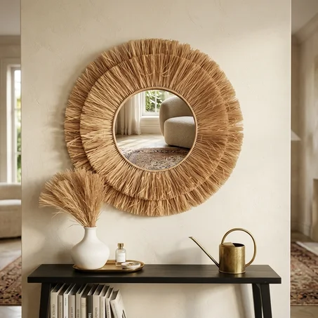 Miroir mural en raphia