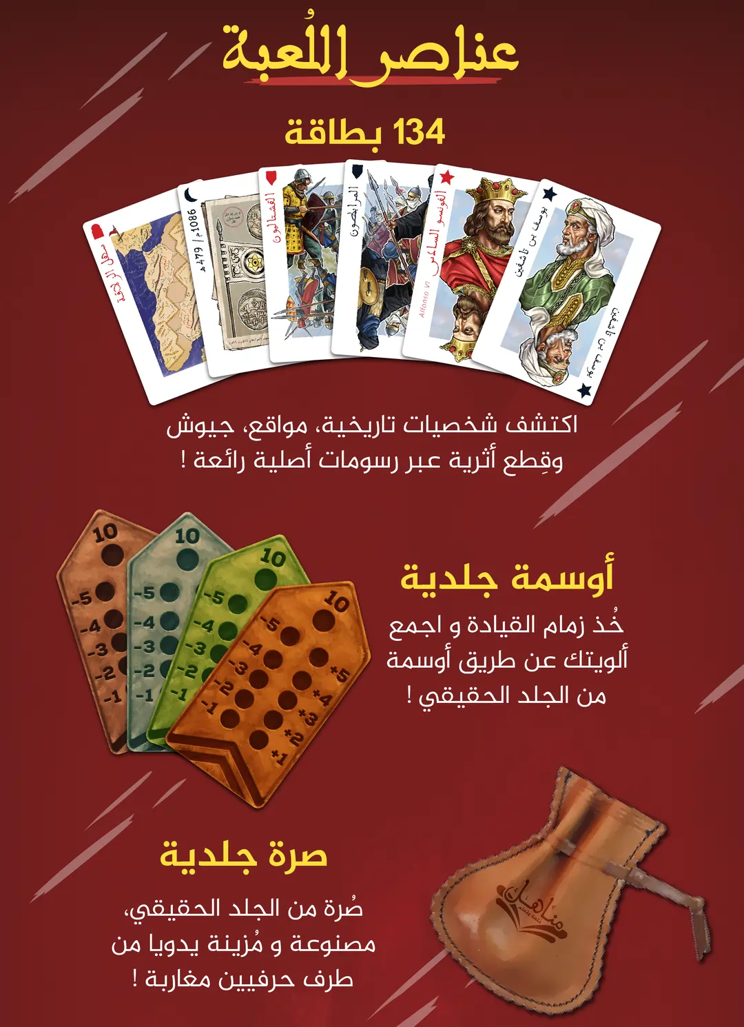 مكونات لعبة نزال – 134 بطاقة تاريخية وأوسمة جلدية وصرة جلدية ضمن لعبة ورق مغربية عن تاريخ المغرب