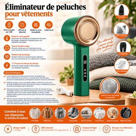 Éliminateur de peluches pour vêtements – Rechargeable USB