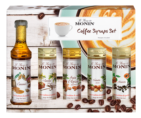 MONIN - Coffret pour Boissons Chaudes - Caramel, Amaretto, Noisette Grillée, Pain d'Épices et Vanille - 5x5cl