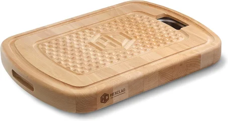 HexClad Tabla híbrida para tallar y cortar de madera de haya con bandeja de goteo de acero inoxidable, asa de transporte y zanjas de jugo, doble cara