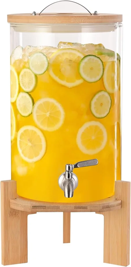 Dispensador de bebidas de vidrio, 2 galones, con soporte de madera para grifo, fácil control de flujo, ideal para fiestas, bares y restaurantes grandes dispensadores de bebidas frías de vidri