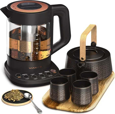 Vianté Juego de té de lujo. Hervidor eléctrico con infusor para hojas sueltas y juego de servir de cerámica. Juego de tetera y taza con bandeja de madera. Excelente idea de regalo para los am