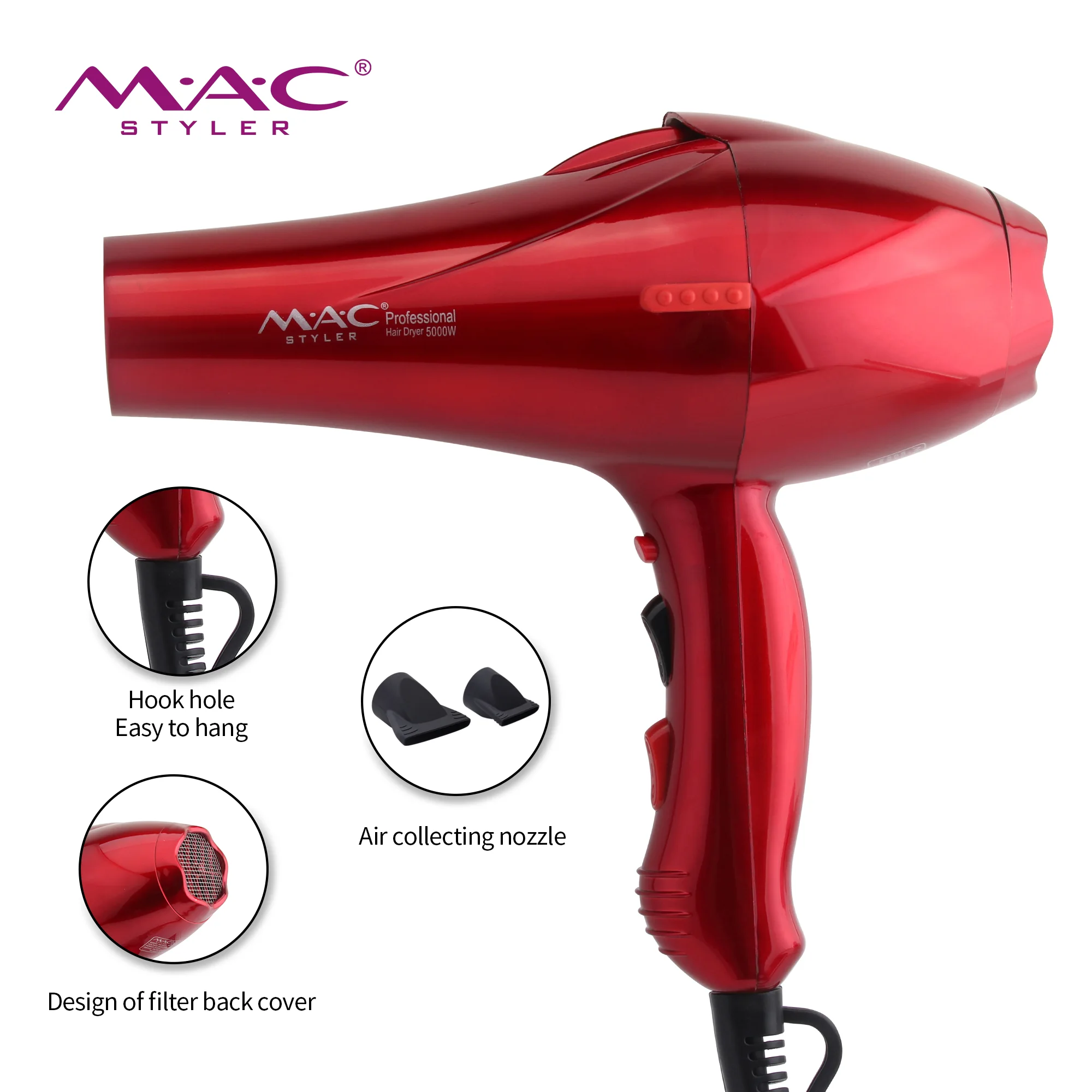 Sèche Cheveux Salon 5000 W - AC Moteur - Rouge