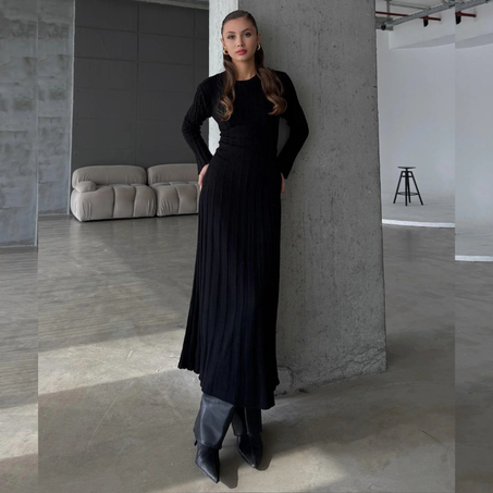 Robe Longue Côtelée avec Ceinture Dos