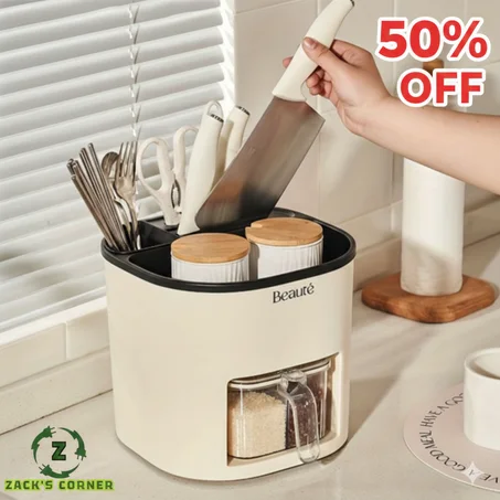 منظم مطبخ  المتكامل 4 في 1 – حامل سكاكين، أدراج توابل، وحاوية أدوات مائدة