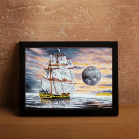 Navire et lune , tableau Peinte à la Main sur la toile