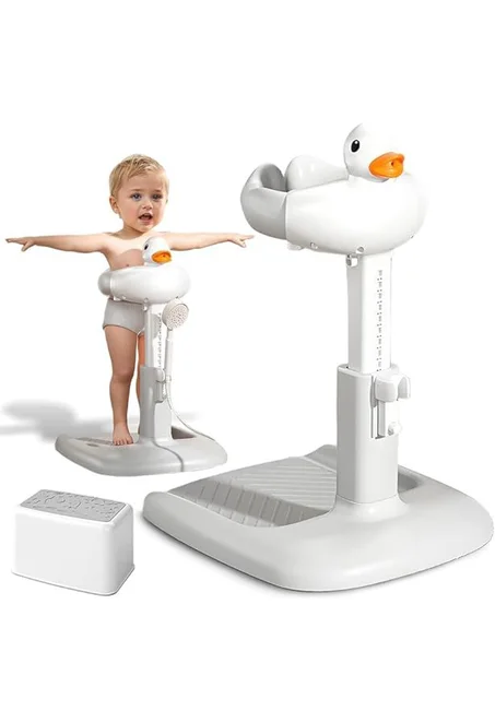 حامل استحمام الطفل قابل للتعديل مع قاعدة مضادة للانزلاق، مساعد حمام للاطفال الصغار مع مقعد، برج عناق ذكي لتدفق المياه، دعم استحمام قابل للعناق للرضع والاطفال الصغار، بدون استخدام اليدين (بيج-