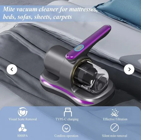مكنسة كهربائية صغيرة محمولة باليد لاسلكية تعمل بالاشعة فوق البنفسجية بقوة شفط 8000 باسكال، بسرعتين قابلتين للتعديل لجمع الغبار بسعة 250 مل، بطارية مدمجة لتنظيف المرتبة والسرير والملابس