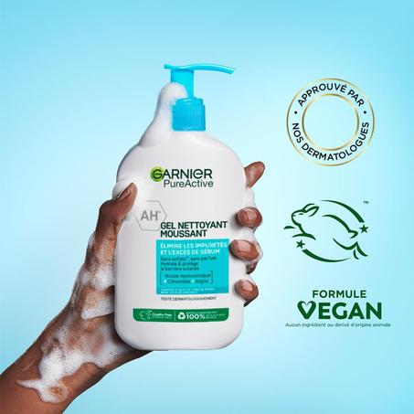 Garnier Pure Active - Gel Nettoyant Moussant - Purifie, Hydrate & Élimine Les Impuretés - Acide Hyaluronique, Céramide, Argile - Vegan & Cruelty Free - Tous Types de Peaux - 250 ml
