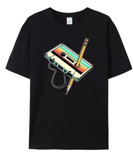 تي شيرت رجالي بأكمام قصيرة من الثمانينيات بشريط كاسيت وقلم رصاص وموسيقى عتيقة من الثمانينيات، ملابس نسائية، تي شيرت عتيق، تي شيرتات