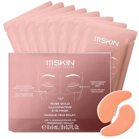 111SKIN Máscara iluminadora de oro rosa, parches iluminadores e hidratantes para piel opaca y seca con extracto de rosa, oro coloidal y vitamina C, mejora la apariencia de las ojeras, 8 pares