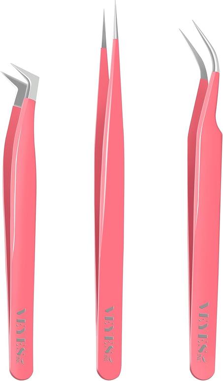 VEYES INC Pinzas de pestañas para extensiones de pestañas, el kit de pinzas de alta precisión contiene pinzas de pestañas aislantes, curvas y de volumen (3 unidades), color rosa