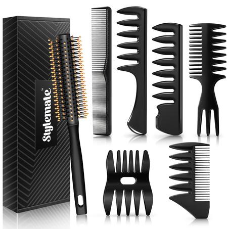Juego de peines y cepillos para hombre - Cepillo de rodillo para añadir volumen, Pompadour, Slicked-back, Fauxhawk, Peines de peinado con corte bajo