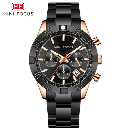 MINI FOCUS -MF0416G- Montre chronographe pour homme avec un bracelet de montre en Acier Inoxydable. Le mouvement à quartz et les aiguilles lumineuses. La montre est étanche jusqu'à 30M