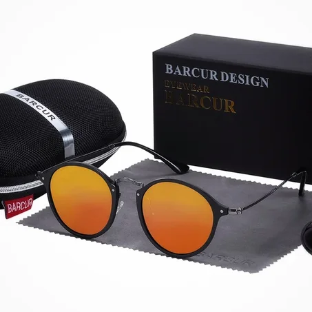 BARCUR -BC8575-  Lunettes de soleil Rondes de luxe en Magnésium d’Aluminium pour Femmes et Hommes - ORANGE