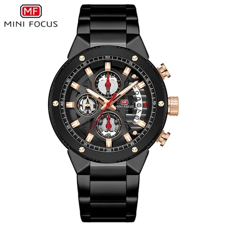 MINI FOCUS -MF0397G- Montre chronographe pour homme avec un bracelet de montre en Acier Inoxydable. Le mouvement à quartz et les aiguilles lumineuses.La montre est étanche jusqu'à 30M