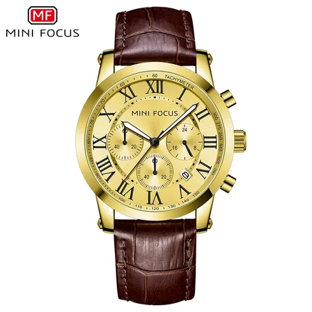MINI FOCUS -MF0415G- Montre chronographe pour homme avec un bracelet de montre en Cuir. Le mouvement à quartz et les aiguilles lumineuses. La montre est étanche jusqu'à 30M